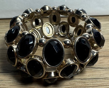 Womens Chunky Statement Stretch Bracelet Black Faceted Beads Silver Tone Metal