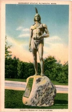 Massasoit Statue, Plymouth, Indian, Pilgrims, Metrocraft, Everett, MA Postcard