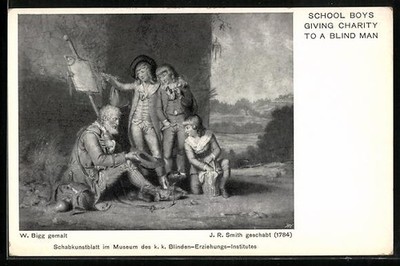 Ansichtskarte School Boys giving Charity to a Blind Man, Blind 