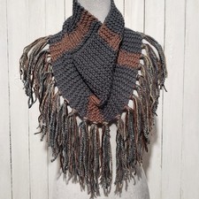 NEW Hand Knitted Gray Brown Infinity Boho Cowl Scarf Fringe Knit Hippie Artsy