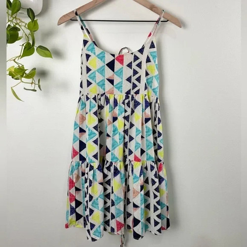 W118 Walter Baker Geometric Babydoll Mini Dress Womens 6 Colorful Tie Back Flowy