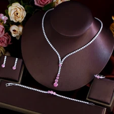 Classy Long Round Necklace Earring Bracelet Ring CZ Pink Women Party Jewelry Set