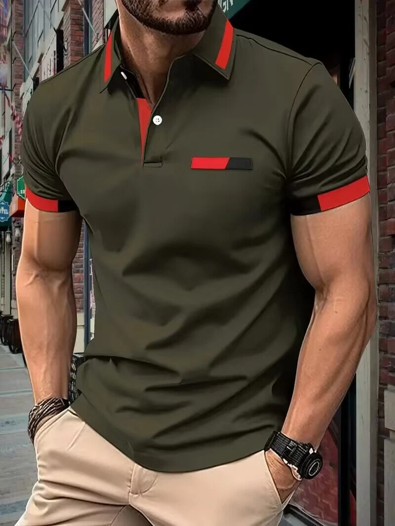 Polo Men's Chic Button Up Lapel Collar Short Sleeve Green Color Henley T Shirt - Picture 1 of 3