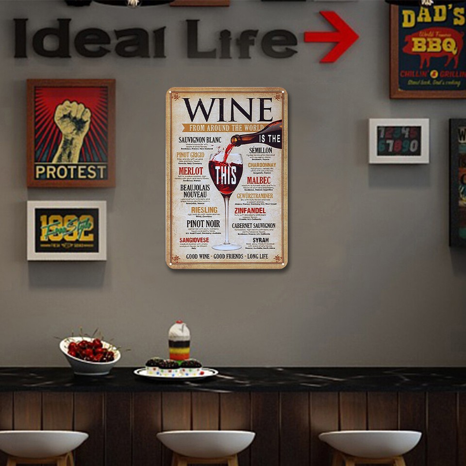 Vintage Metal Plate Red Wine Rectangular Iron Painting Wall Art Decor