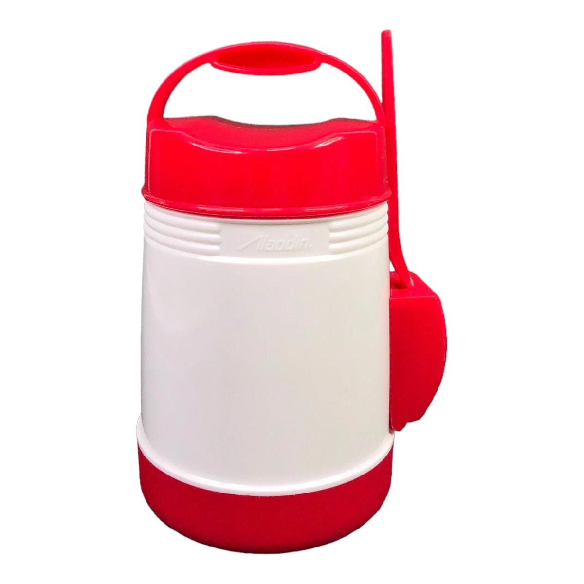 Vintage Aladdin Plastic Soup Thermos w/ Spoon White/Red Lunch Storage 10 oz