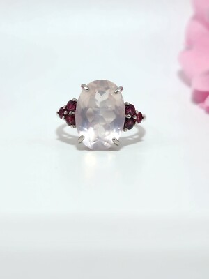 Natural Rose Quartz Ring Size 6 Sterling Silver 925   Elegant Soft Pink Gem