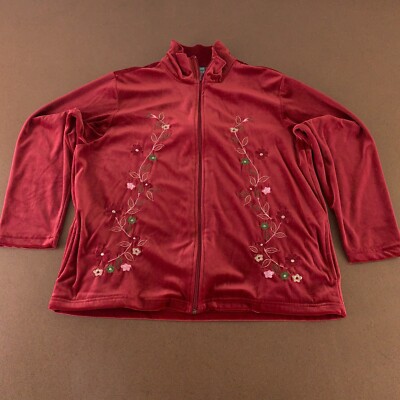 Sara Morgan Women's Size Large Red Velour Floral Embroidered Full Zip Sweatshirt