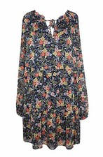 LOFT M Swing Dress Navy Blue Floral Tiered Tied Neck Long Sleeve Ruffle