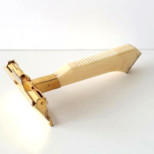 Vintage GEM Single Edge Gold Safety Razor Pearl Ivory Plastic Handle Made In USA