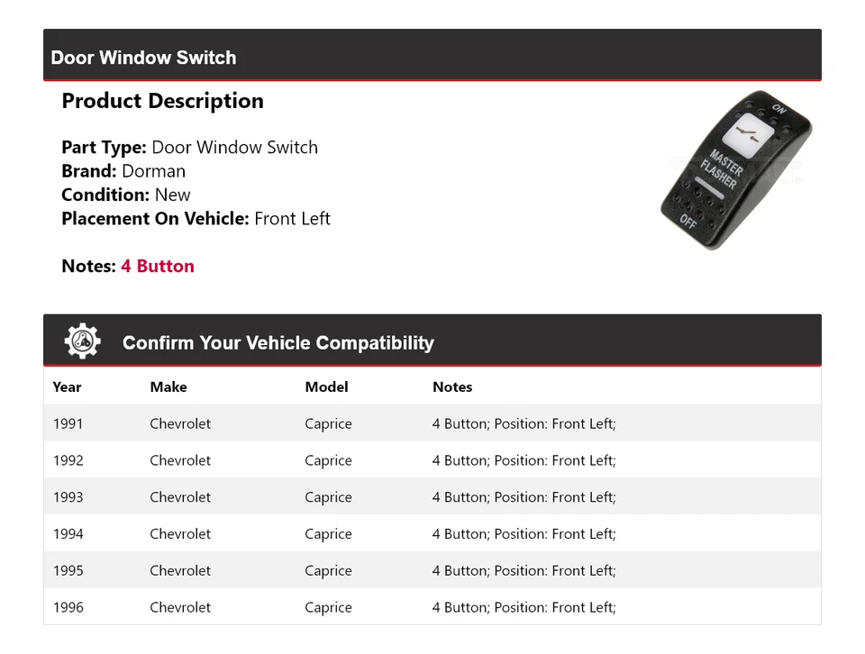 Interruptor de ventana de puerta delantero izquierdo Chevrolet Caprice Dorman 1991-1996 1992 1993 Foto 2 de 4