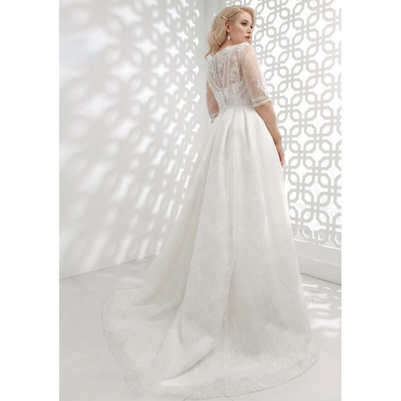 Plus Size A -line Wedding Dresses V-Neck With Pockets Lace Appliques Sweep Train - Image 4 of 4