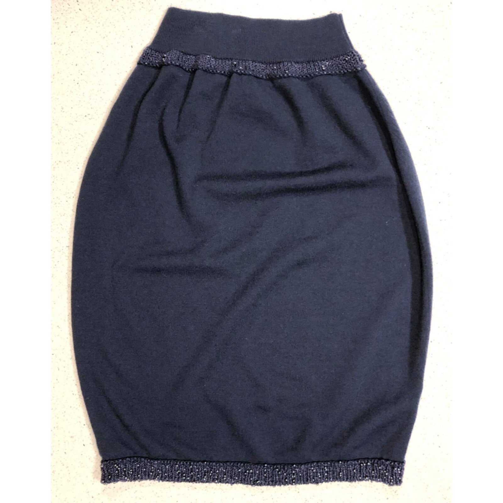 Gonna maglione YSL Yves Saint Laurent blu navy tessuto orlo ricamato TG L 6 8