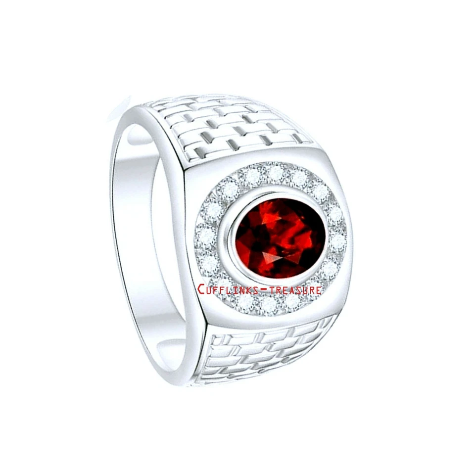 Piedras preciosas de granate natural y circonita cúbica con anillo de plata de ley 925 para hombre Foto 4 de 4