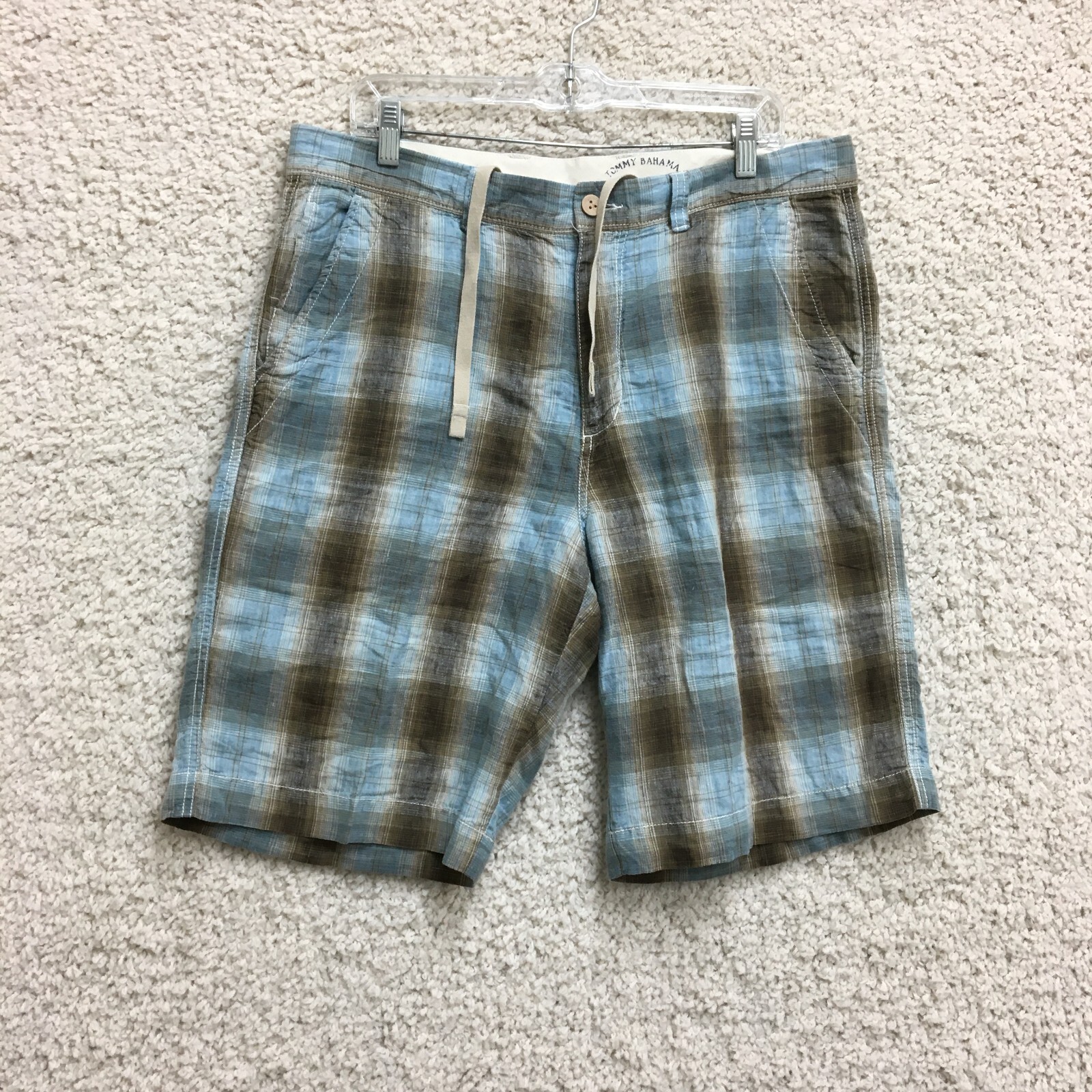 Tommy Bahama Shorts 35 Mens Blue Relax Plaid Chino Flat Frtont Pockets Casual