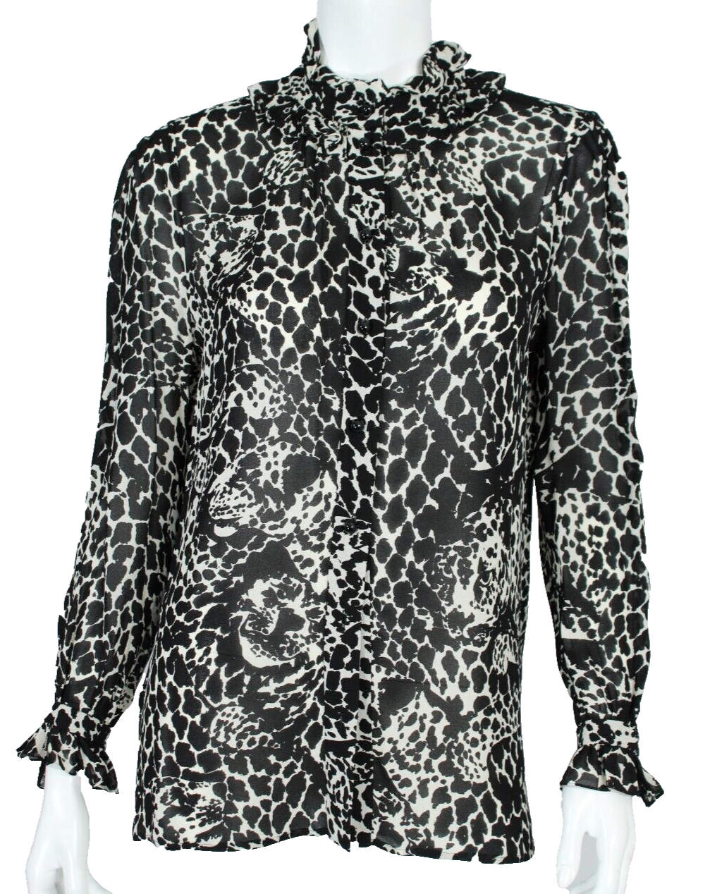 Camicetta SAINT LAURENT bianca e nera stampa leopardata crepe orlo increspato 40