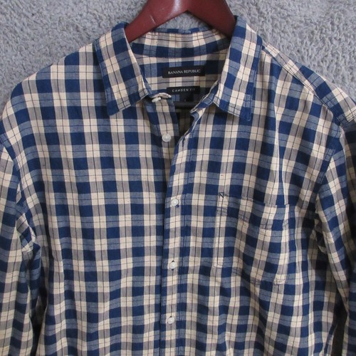 Banana Republic Hemd Herren Large Blau Camden Fit Leinenmischung Knopfleiste Kariert