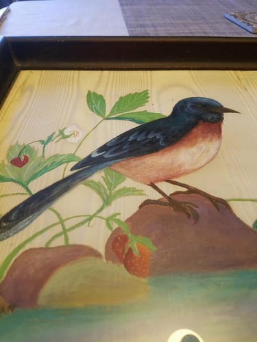 Antique tray with handpainted signed birds on silk panels under glass. 17 x 11" - 第 11/12 張圖片