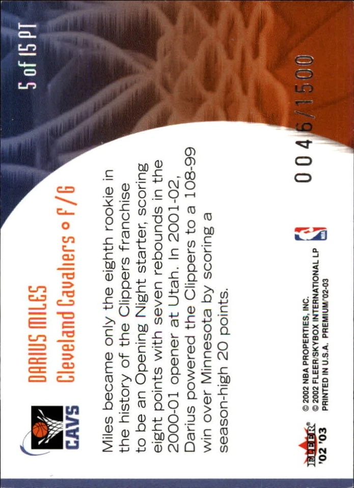 2002-03 Fleer Premium Prime Time #5 Darius Miles /1500 - BSK - Image 2 of 2