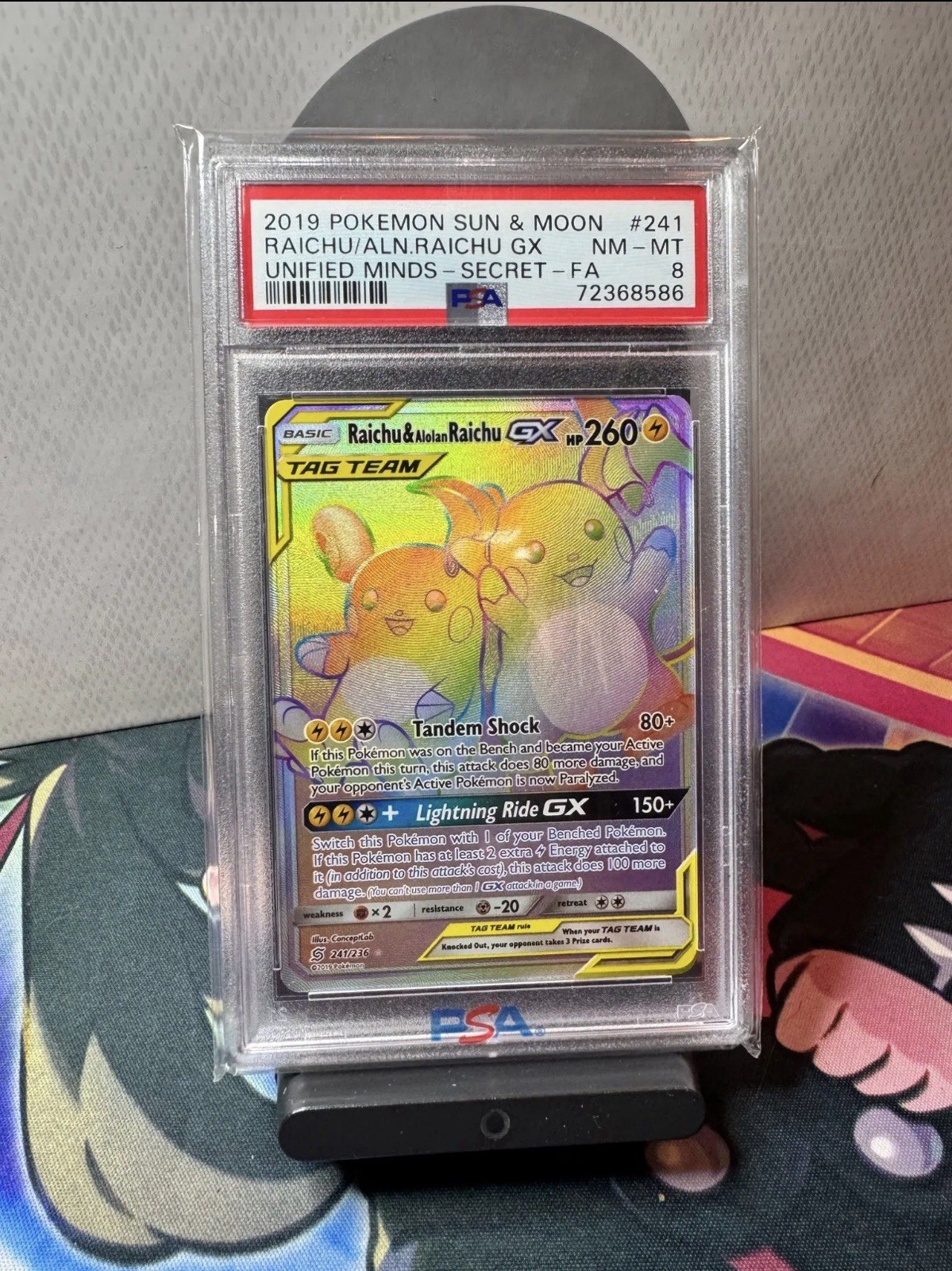 2019 Pokémon Raichu & Alolan Raichu GX Unified Minds Secret Rare #241 PSA 8