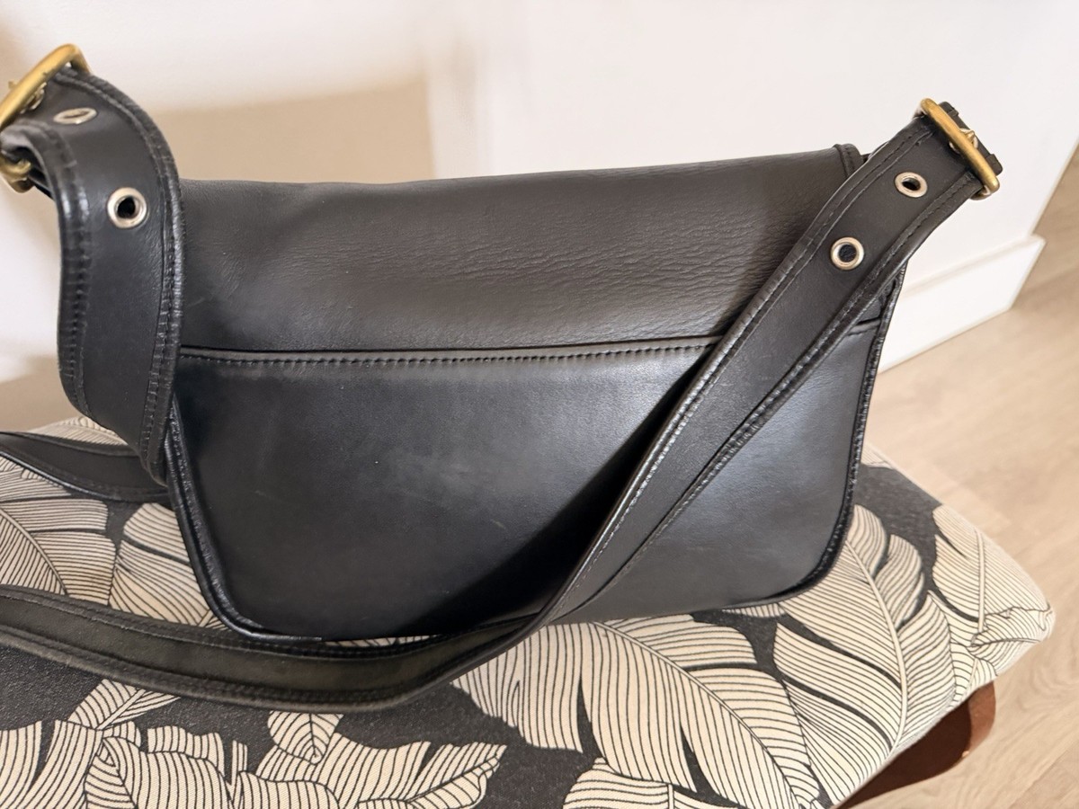 Vintage Coach Station Bag 1955 Black Leather Mailbox Flap Shoulder