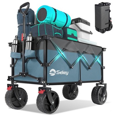 Collapsible Wagon: All-terrain beach wheels, cup holders Heavy-duty for outdoor