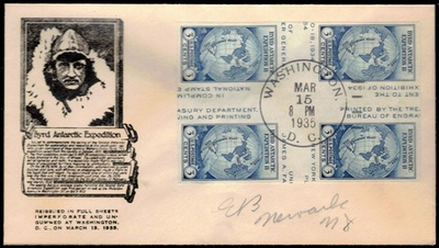 #ad FDC 768a 1935 3c Byrd Farley Philatelic Reissue Anderson Crossed Gutter Block $35.00