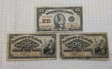 3 Canadian 25 Cent Denominations of Canada Notes, 1 from 1923, 2 from 1900