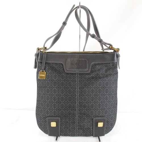 LOEWE Black Canvas Leather Shoulder Bag Gold Hardware Logo Auth