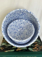 Vintage Italian Splatter Mixing Bowls Set of Two Pier 1 Ceramic Blue and White