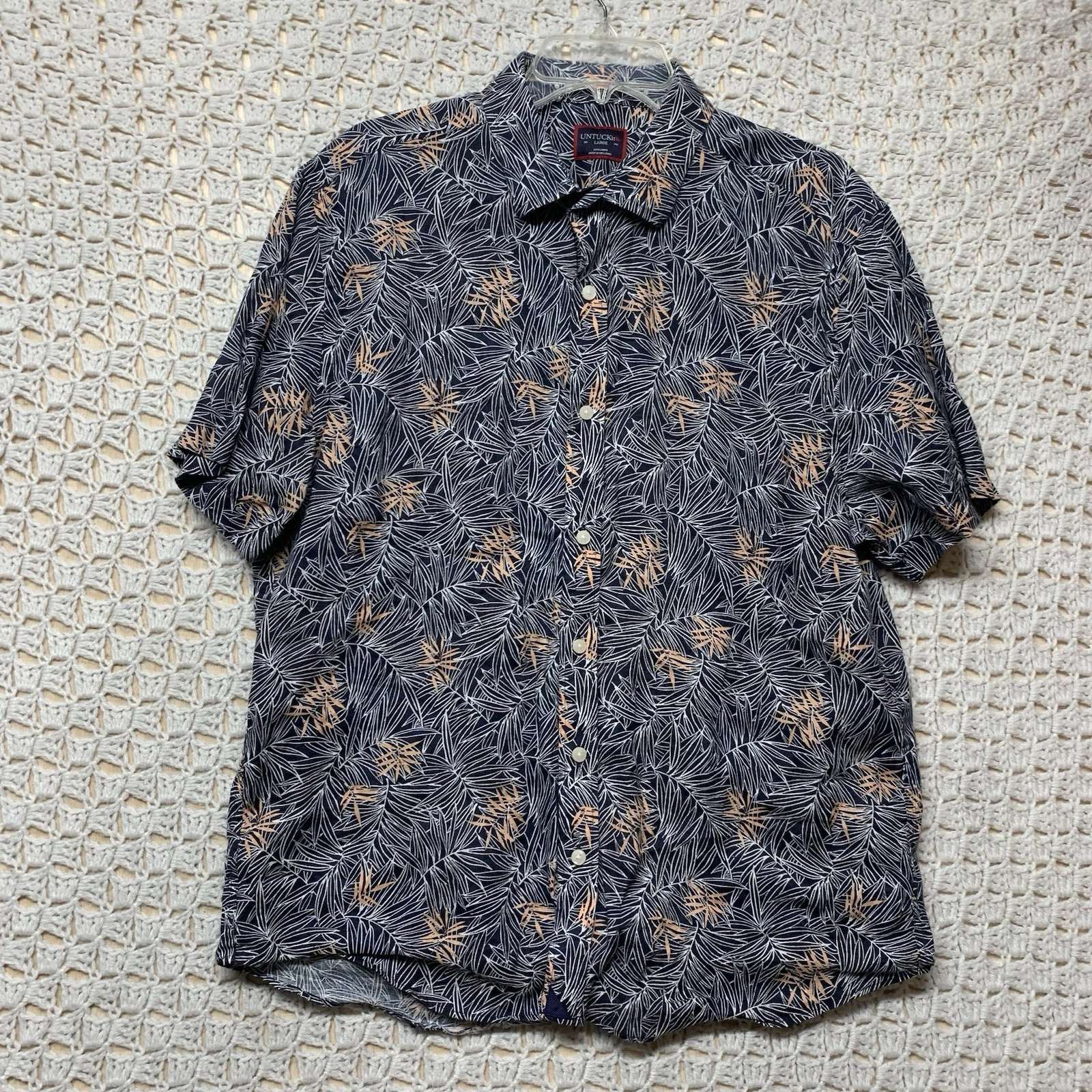 Untuckit Shirt Men Sz L Blue Floral 100% Linen Short Sleeve Vacation Casual
