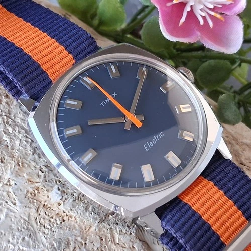 Serviced 1971 Timex Electric Men's Vintage Watch Blue Orange New Strap, Crystal