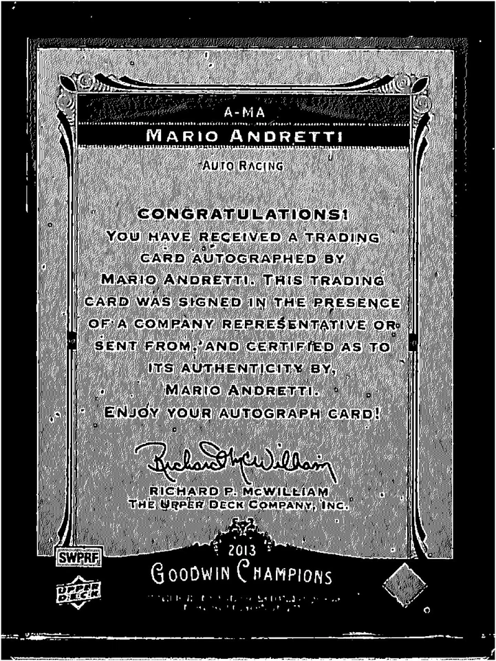 2013 Upper Deck Goodwin and Champions Autograph #A-MA Mario Andretti - Image 2 of 2
