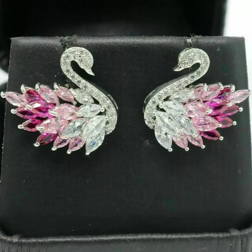 14K White Gold Plated 2.10Ct Marquise Lab Created Diamond Swan Gift Stud Earring - Image 2 of 4