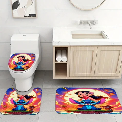 Lio & Stitch Four-Piece Bathroom Set: Shower Curtain, Mat, Toilet Seat Cover