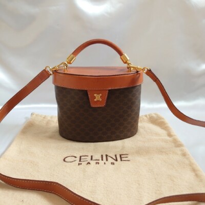 Auth CELINE Brown Leather Shoulder bag Crossbody Vanity Macadam From Japan