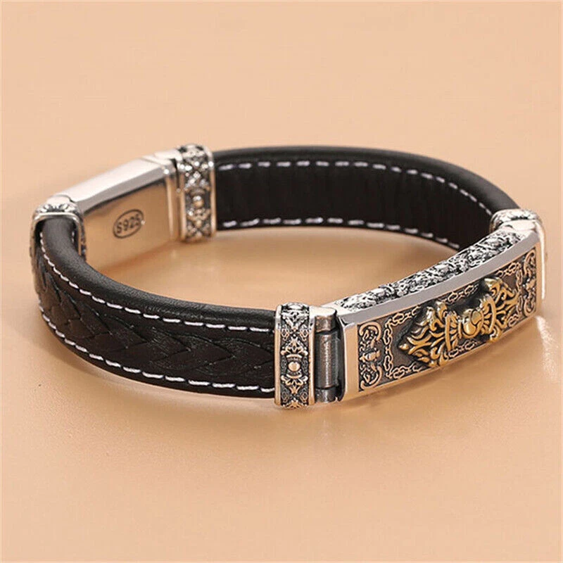 Pulseira de couro clássica sólida 925 prata esterlina 12 mm preta real - Imagem 4 de 4