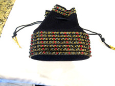 Navy blue drawstring crocheted purse with gold embroidery, beadwork, c. 1960s