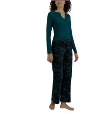 NWT Jenni Women's Long Sleeve Split Neck Knit Pajama Top/Fleece Bottoms Green