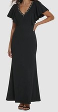 Vince Camuto Women's Black Beaded V-Neck Flutter-Sleeve Gown Dress Size 4