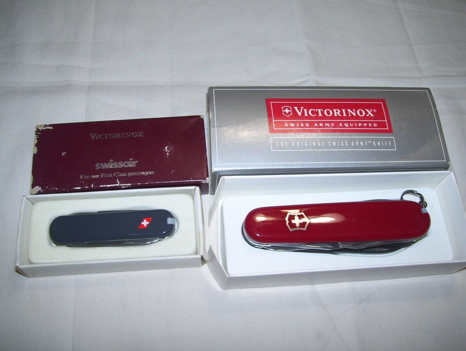 2 Old Vintage VICTORINOX Swiss Army Pocket Knifes Swissair Advertising with Box