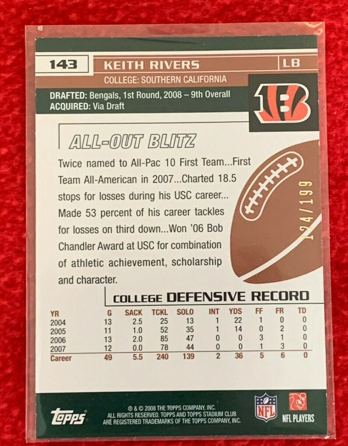 Keith Rivers Nfl 2008 Topps Stadium Club - Keith Rivers #143 Photographer's Proof /199 ...