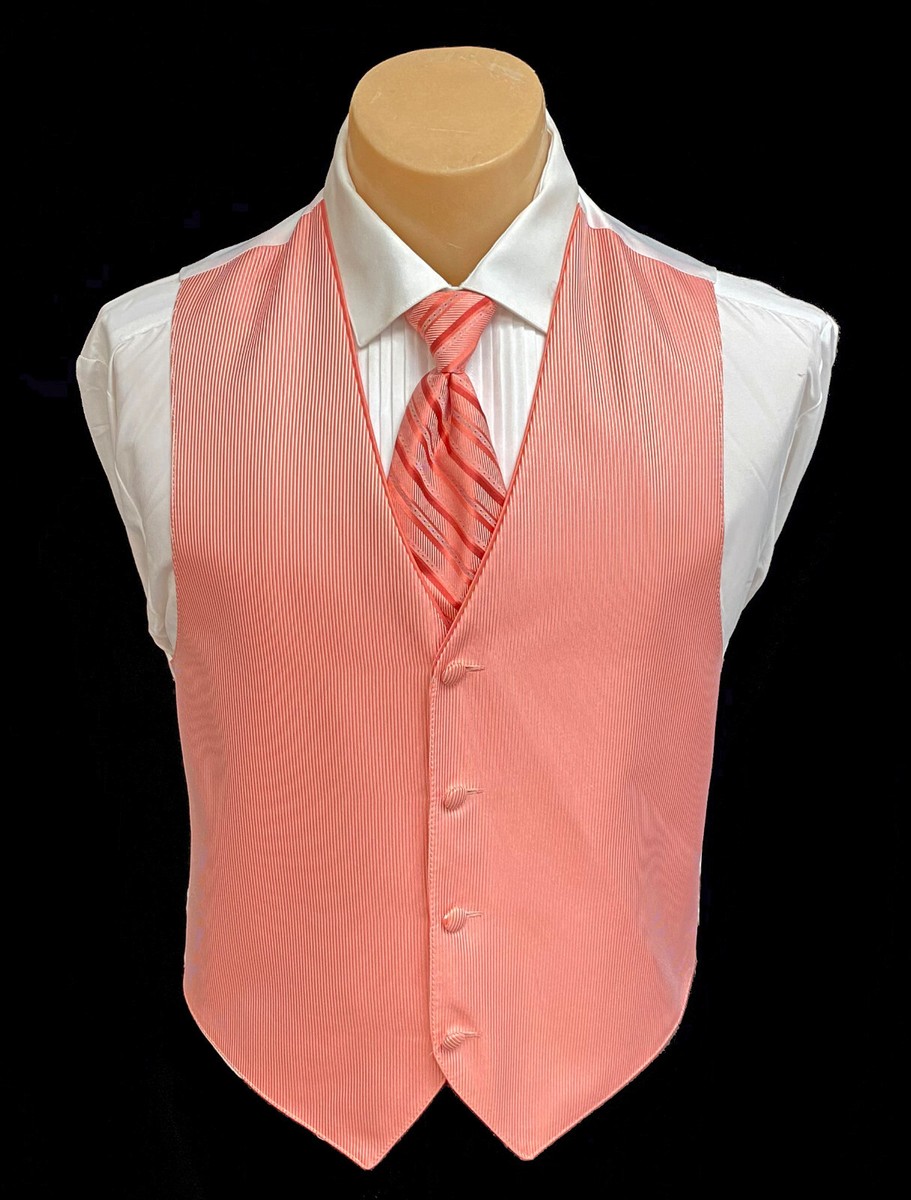 Men's Coral Jean Yves Cooper Tuxedo Vest Long Tie Orange Pink