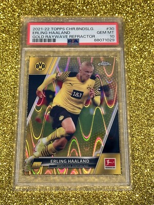 PSA 10 2021-22 TOPPS CHROME UCL ERLING HAALAND GOLD RAYWAVE
