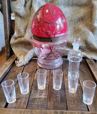 Antique glass & brass Red painted Egg liquor DECANTER shot set UNIQUE original 