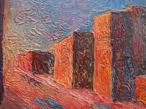 Ukrainian Soviet Oil Painting postimpressionism cityscape building street cars - Picture 4 of 5