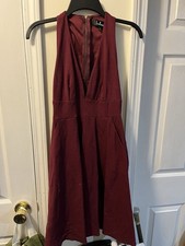 Lulus Woman Fit & Flare Dress S Wine Halter Top Exposed Zip Pockets Stretch