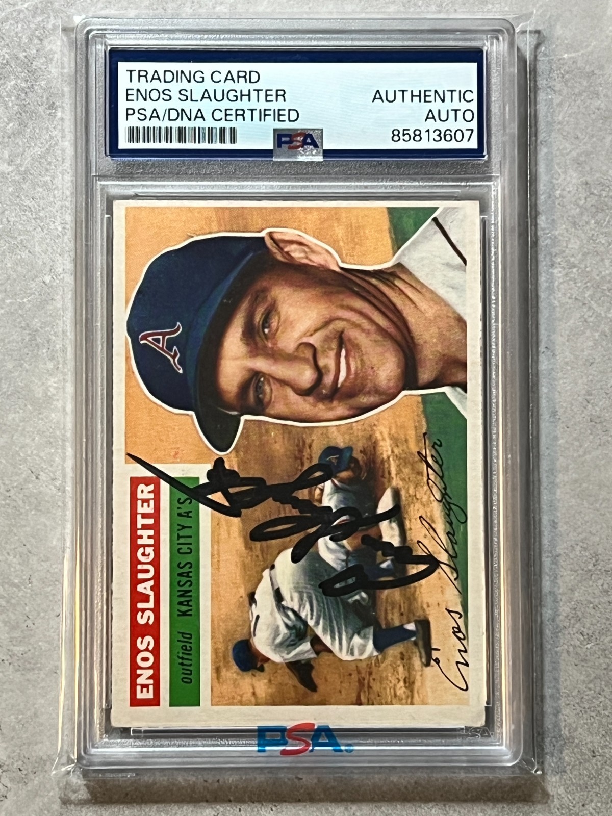 1956 Topps Enos Slaughter On Card Auto #109 Kansas City Athletics PSA/DNA Cert