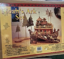 VTG Noah's Ark Set 20 Animal Pcs, Wood Boat, Resin Figures, Noah. Set Complete.