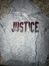 Girls Size 8 Justice Gray Jacket with Zipper Hood Pink Silver Sequins