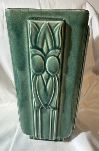 Nelson Mccoy Pottery Green Owl Face Vase Art Deco 1940's 9"